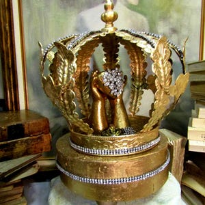 French Santos Sacred Heart Sculpture under golden Rhinestone Crown, Jeweled Base, display, gold, anita spero design