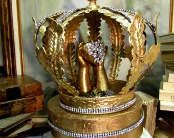 French Santos Sacred Heart Sculpture under golden Rhinestone Crown, Jeweled Base, display, gold, anita spero design