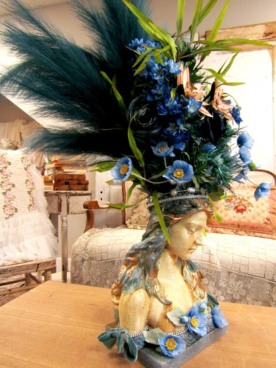 Patina Blue Floral Mermaid Bouquet, Aged Patina Coastal Siren Decor