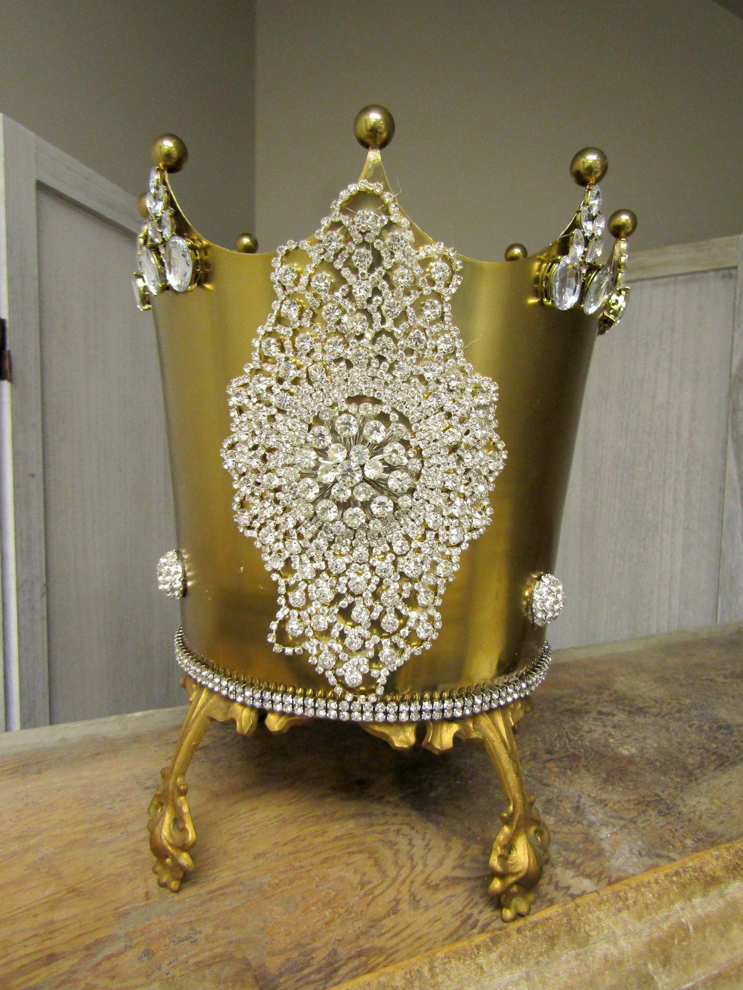 Brass Crown Sculpture With Display Stand Art Piece Decor, Upcycled