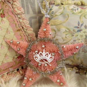 Large vintage pink bottle brush star original tinsel wreath w/ silver balls, shabby Christmas adorned rhinestone crown anita spero design image 9