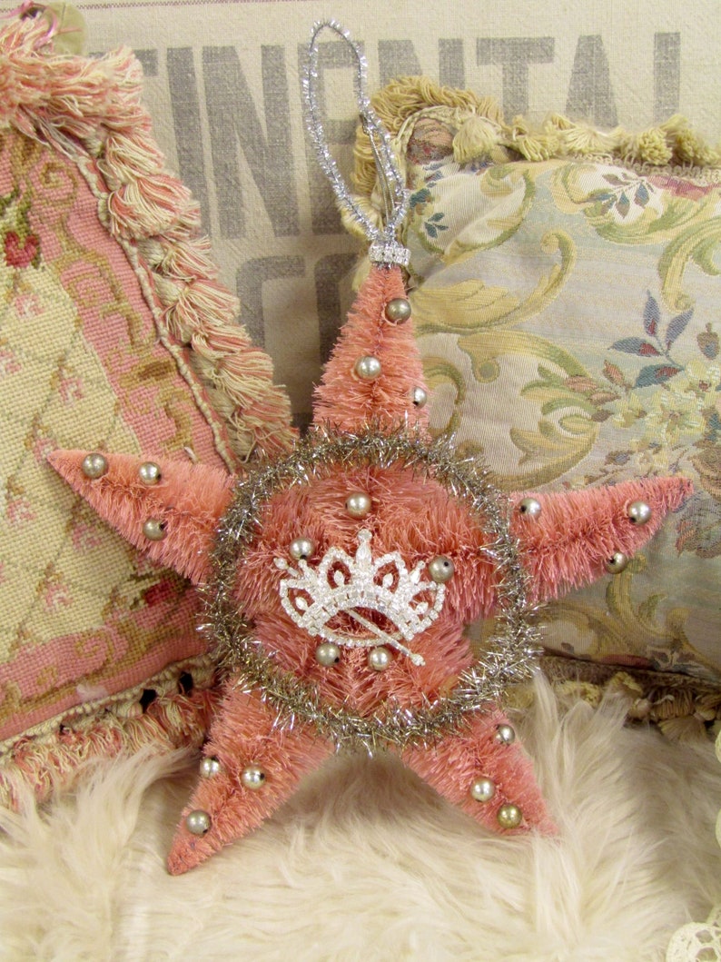 Large vintage pink bottle brush star original tinsel wreath w/ silver balls, shabby Christmas adorned rhinestone crown anita spero design image 9