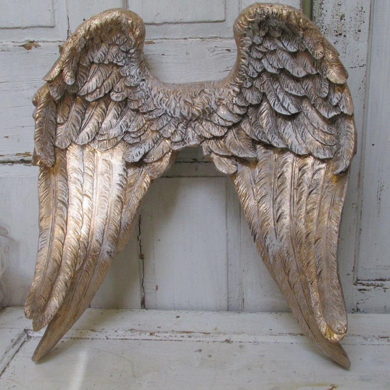 Large angel wings wall sculpture hand painted golden accented Etsy