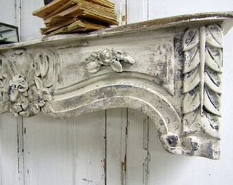 Large white linen distressed cornice shelf with roses and Ram embellishments, shabby cottage shelving for walls or table anita spero design