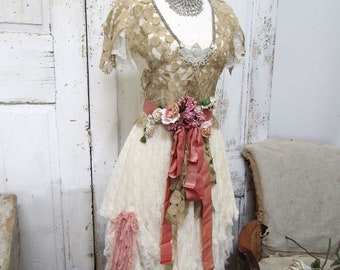 Altered mannequin dress form beautiful cottage colors, gold handmade lace top with cream white lace ruffle skirting anita spero design