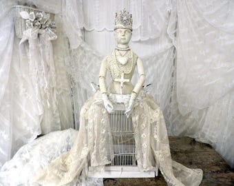 Large White Santos Cage Doll Assemblage Art, Antique Lace, Rhinestone Crown, Anita Spero Design