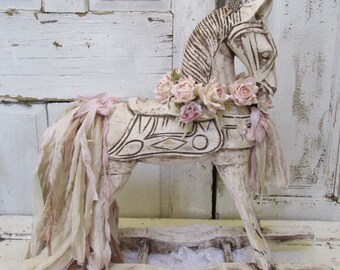 Wooden rocking horse painted white distressed shabby cottage chic antique ornate French farmhouse home decor anita spero design