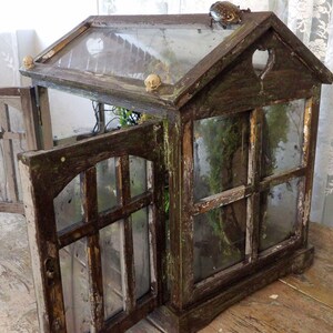 Op de afbeelding: Een rustiek houten terrarium met glazen ramen en een scharnierende deur. Het terrarium heeft een puntdak met een hartvormige uitsparing en is versierd met kleine schedelvormige decoraties. Bovenop zit een kikker.