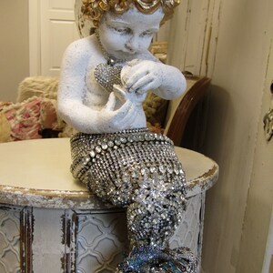 Large mermaid statue with rhinestone jeweled tail and seahorse crown, one of a kind crowned mermaid figure home decor art anita spero design image 2