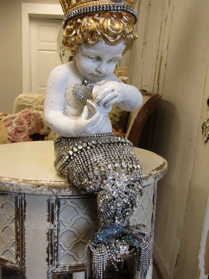 Large mermaid statue with rhinestone jeweled tail and seahorse crown, one of a kind crowned mermaid figure home decor art anita spero design image 2