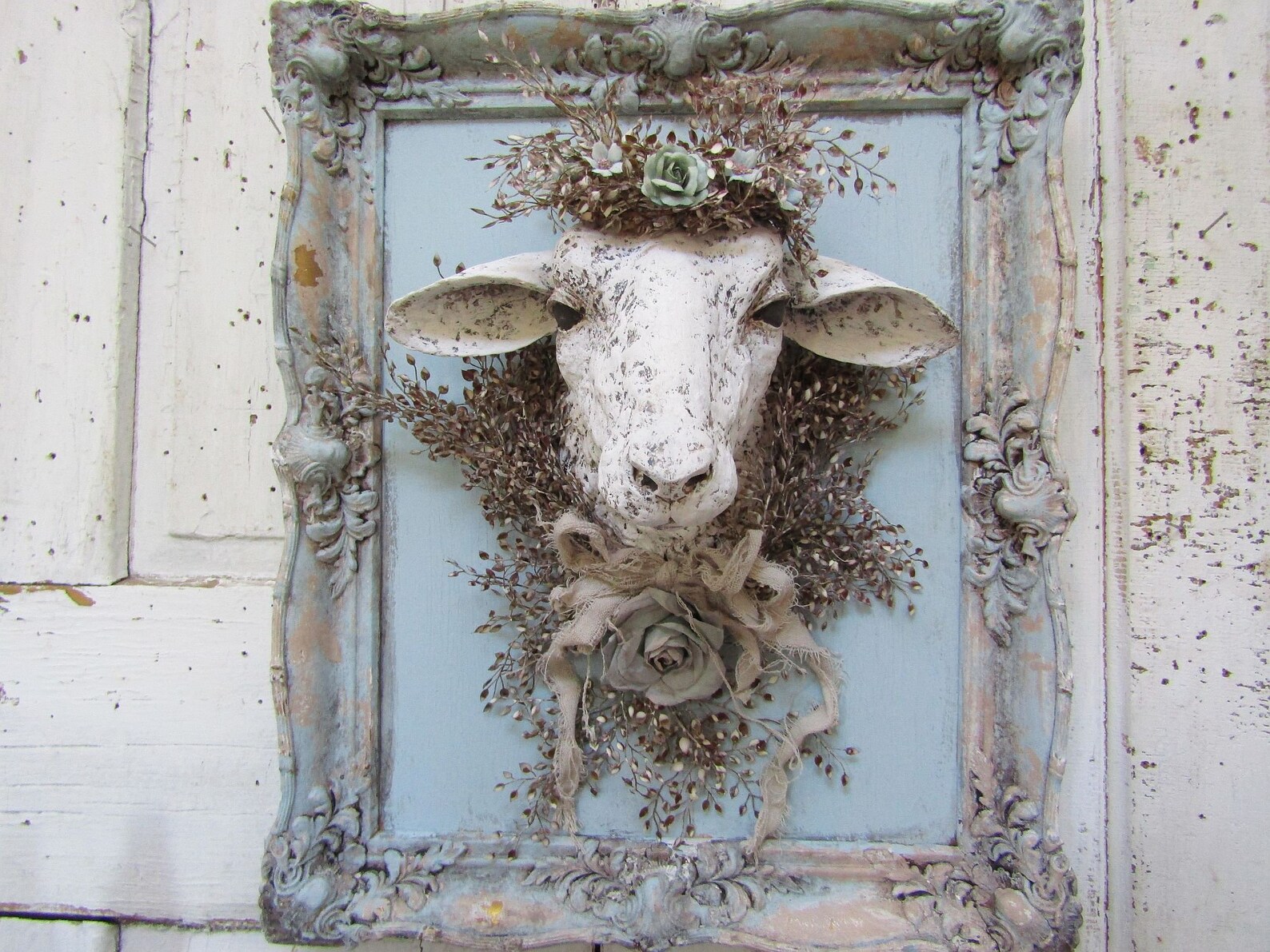 Framed Sheep Head Wall Decor in Blue White and Cream Etsy