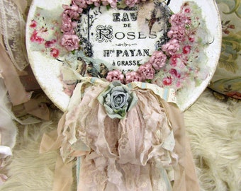 Shabby chic hat box with lid adorned tattered fabric, lace and roses, great gift box or storage anita spero design