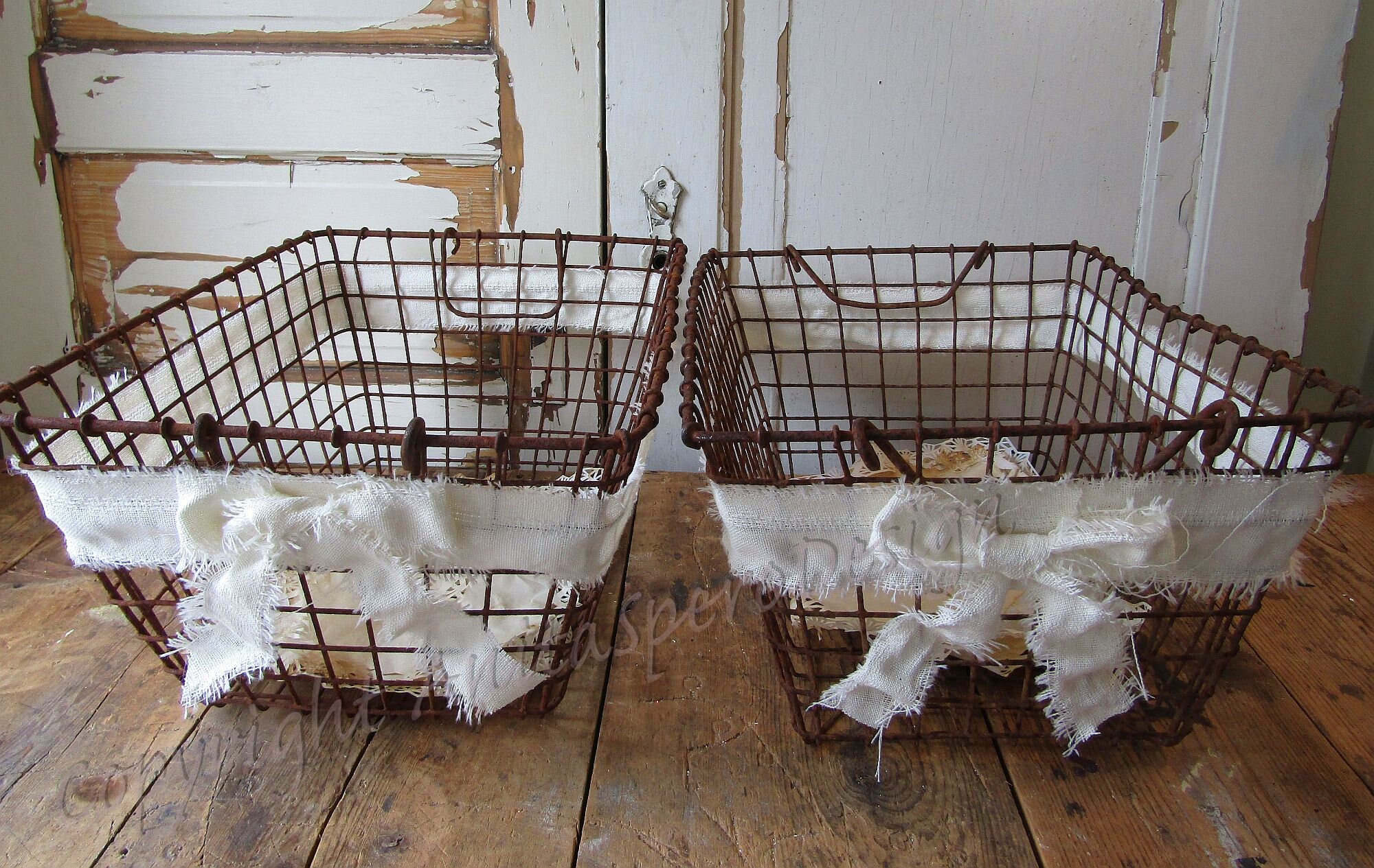 Large antique wire baskets set of 2 deep open storage baskets Etsy
