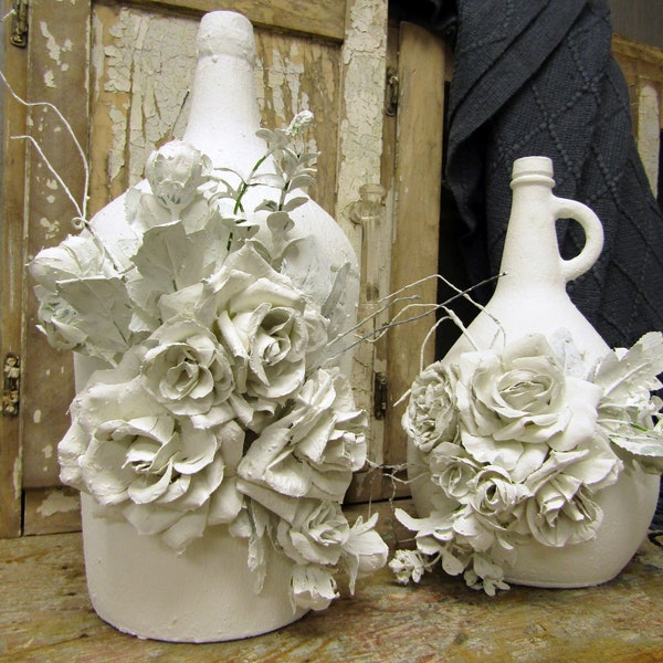 Texture painted white bottle vase set with plaster dipped flowers and florals set of 2 tall anita spero design