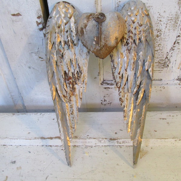 Gray white metal wings wall sculpture with heart French inspired rusted hints of gold home decor Anita Spero