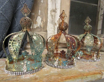 Collection of 3 metal crowns, heavily aged shabby rustic crown set for home decor, statues or gift ideas anita spero design