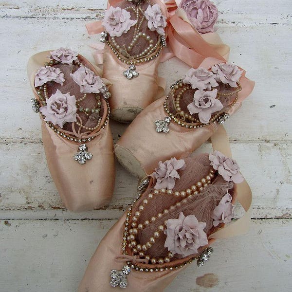 Embellished ballet slippers cluster wall hanging or table display pointe shoes faded pink rhinestone shabby cottage chic anita spero design