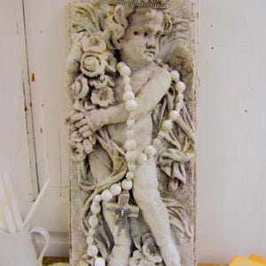 Large cherub relief wall hanging plaque metal crown with rhinestone embellishments Santos decor anita spero design