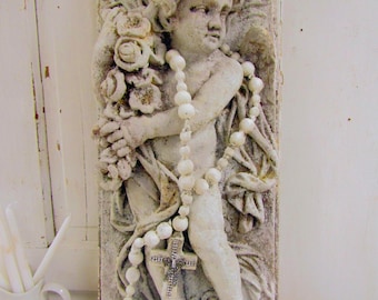 Large cherub relief wall hanging plaque metal crown with rhinestone embellishments Santos decor anita spero design