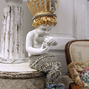 Large mermaid statue with rhinestone jeweled tail and seahorse crown, one of a kind crowned mermaid figure home decor art anita spero design image 1