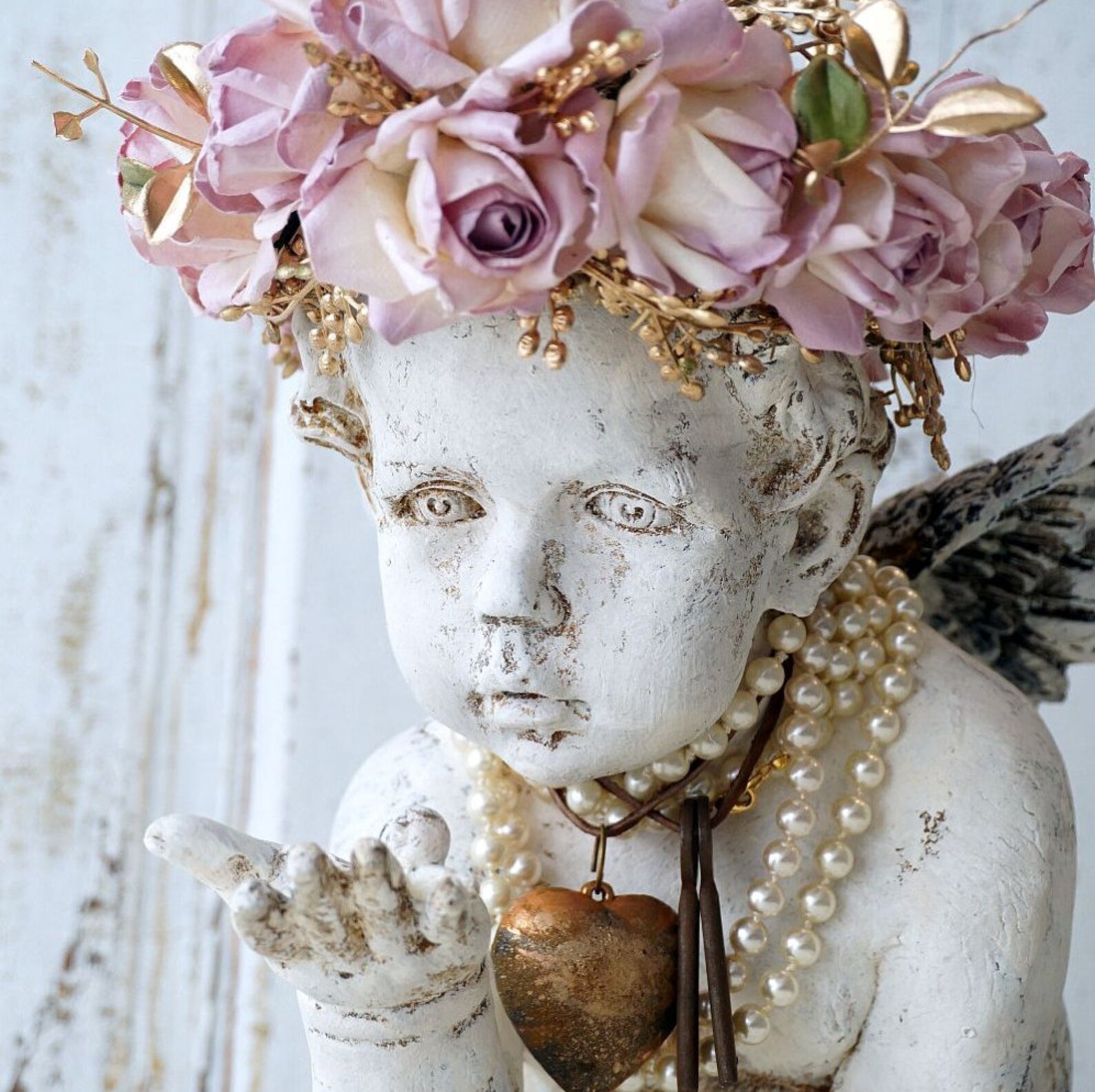 Distressed cherub statue w/ handmade ornate lavender pink rose Etsy