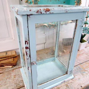 Handmade Soft Blue Display Case Wood and Glass Distressed Rustic Doll ...