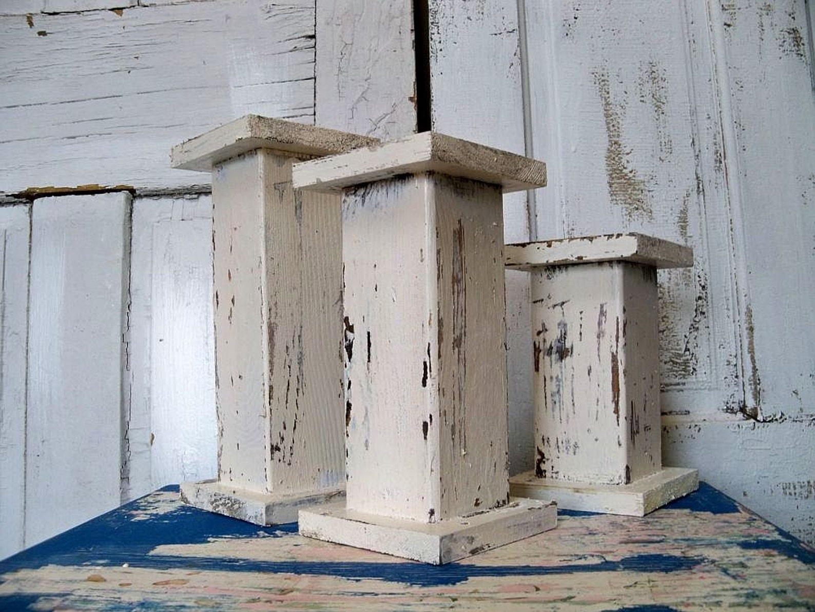 Handmade wooden candle holders large chunky white distressed Etsy