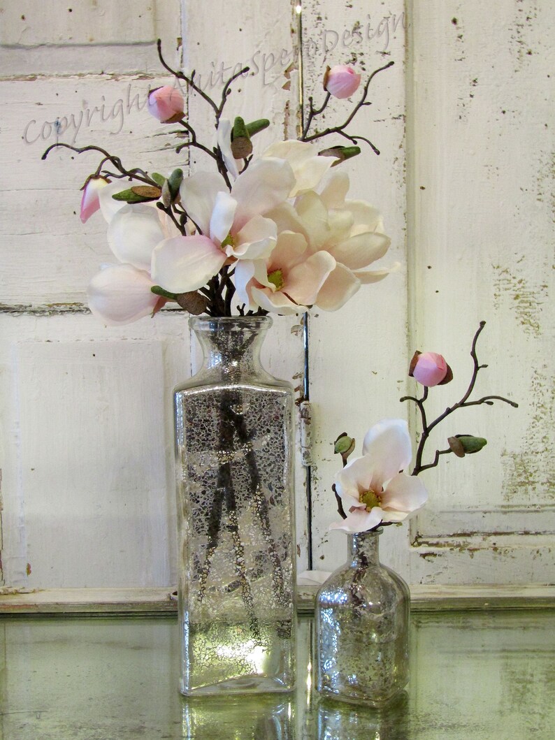 Magnolia flowers in painted silvery glass vase large light Etsy