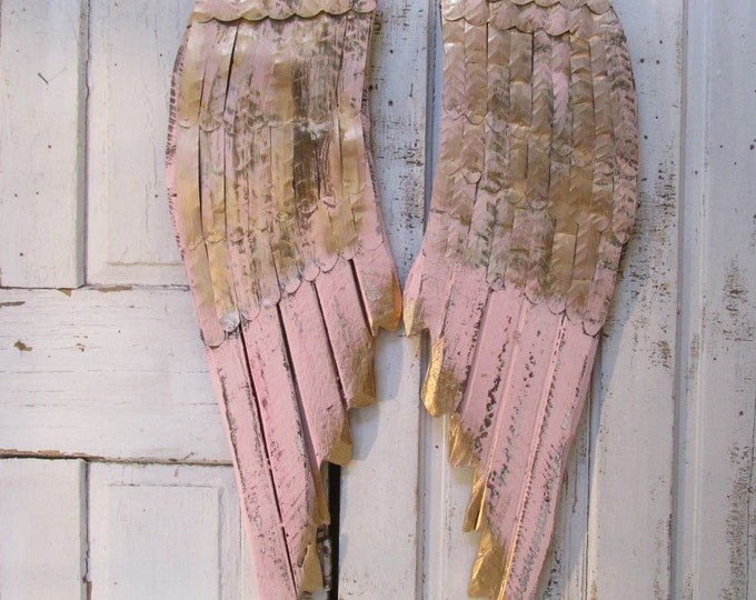 Pink Angel Wings Wall Decor Metal and Wood Pink and Gold Rusty Etsy