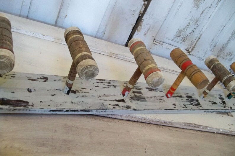 Reclaimed Croquet mallet wood coat rack wall decor shabby Etsy
