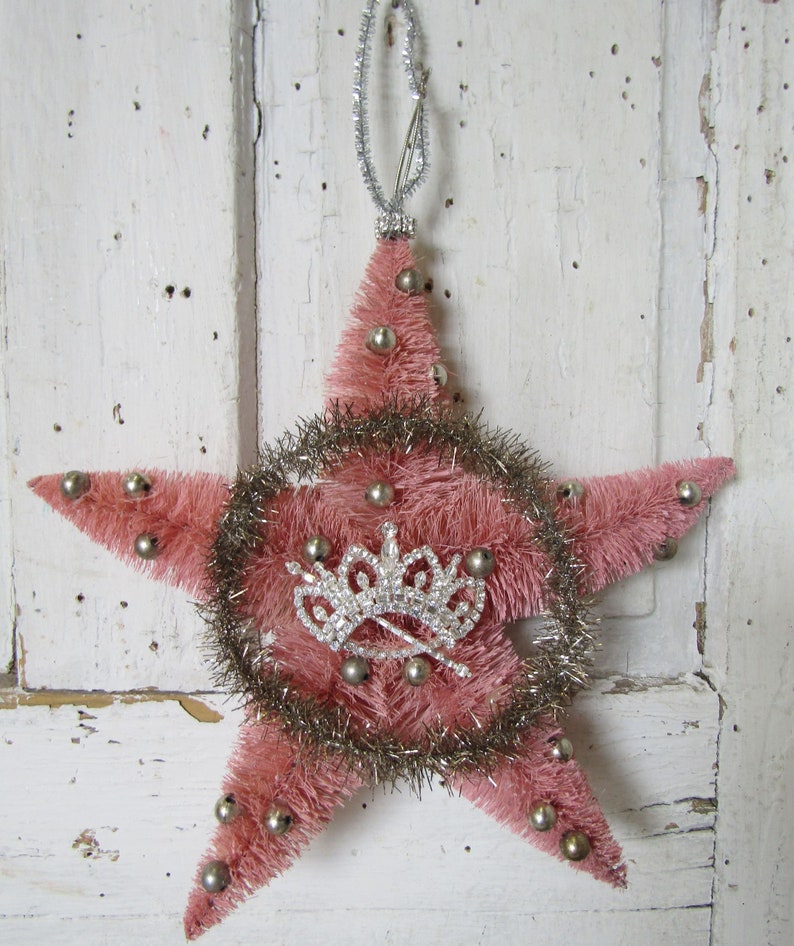 Large vintage pink bottle brush star original tinsel wreath w/ silver balls, shabby Christmas adorned rhinestone crown anita spero design image 3