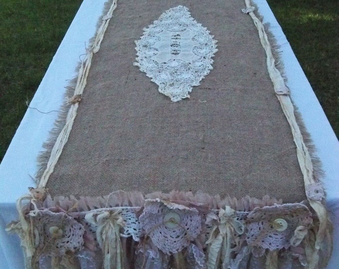 Handmade Burlap Table Runner Shabby Farmhouse Garden Style OOAK Anita