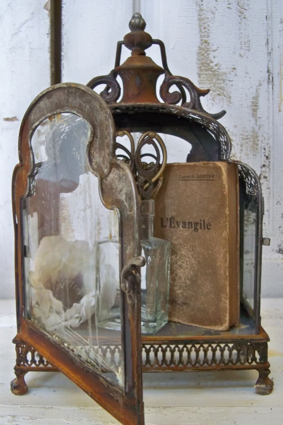 Glass and metal display case ornate distressed rusty Etsy