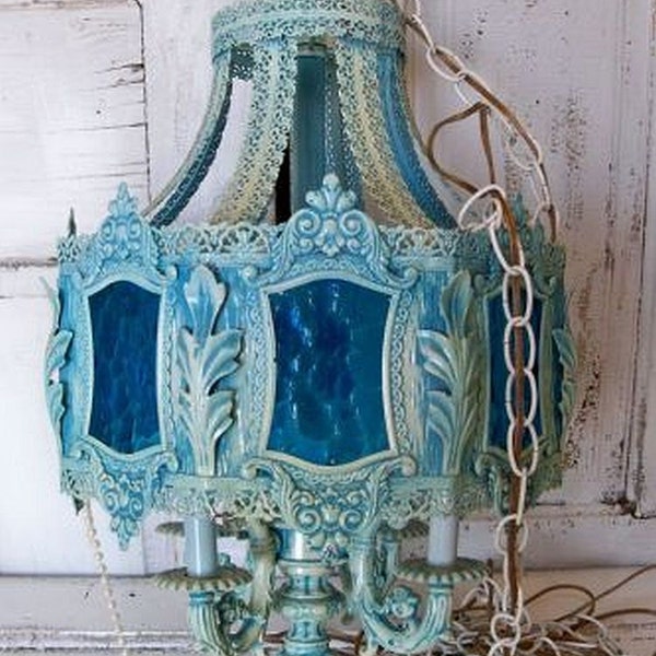 Very large blue chandelier swag lighting metal glass shabby chic ornate vintage rare piece Anita Spero