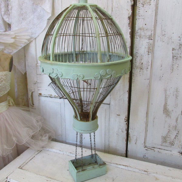 Reserved item for C, do not purchase  Hot air balloon Bird cage hand painted pale blue green, heavily distressed and rusted anita spero