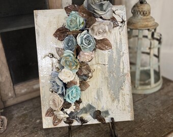 Shabby chic sea glass colors mixed media art,  beachy distressed wooden canvas, hand-dyed paper roses floral decor  anita spero design