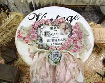 Shabby hat box with lid and tattered fabrics and lace, inspired French cottage mixed media design lid and inside anita spero design