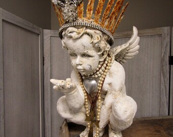 Painted distressed Cherub statue with large embellished rhinestone crown, plaster texture with aged patina Cherubim anita spero design
