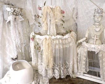 Antique French Tambour Lace Chandelier – Shabby Chic Rose Garland Lighting Anita Spero Design