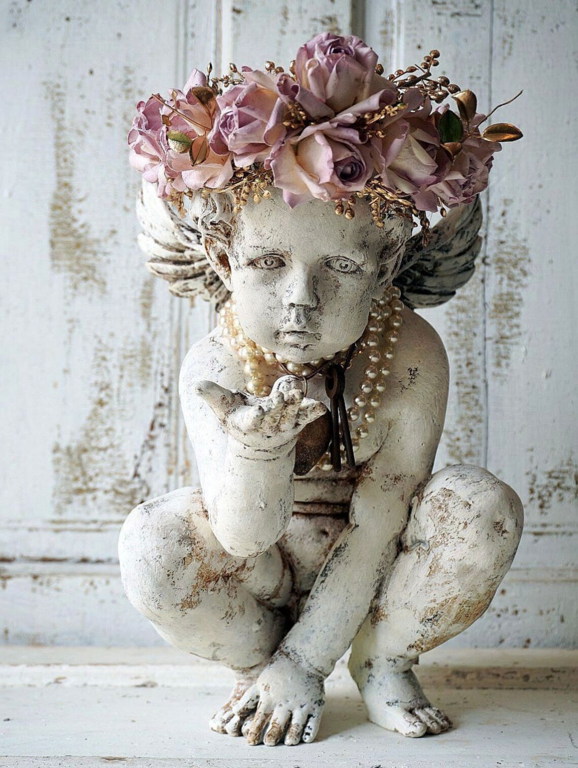 Distressed cherub statue w/ handmade ornate lavender pink rose Etsy