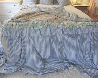 Versatile cottage bed scarf or quilt throw, recreated quilt with striped panels handmade wonderful soft antique anita spero design