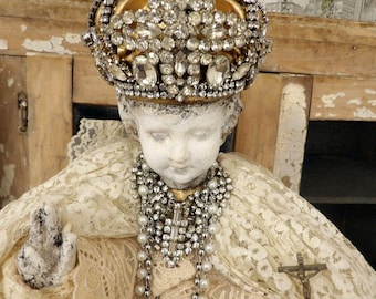 Large Infant of Prague Statue: Jeweled Crown, Antique Lace Vestment, French Decor