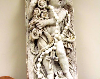 Large cherub relief wall plaque with handmade metal rhinestone embellished crown, Fench- Santos home decor anita spero design