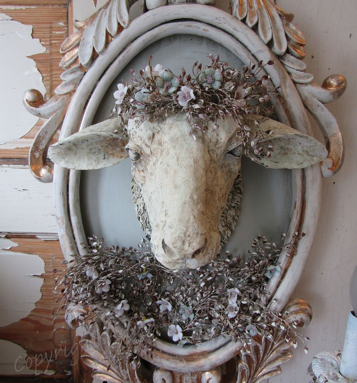 Farmhouse framed sheep head with garland crown wall hanging Etsy