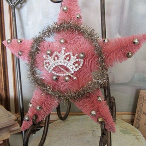 Large vintage pink bottle brush star original tinsel wreath w/ silver balls, shabby Christmas adorned rhinestone crown anita spero design image 2