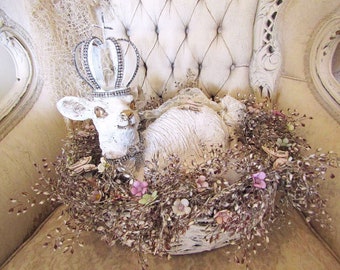 Crowned lamb statue in garland decorated basket, white sheep centerpiece Christmas holiday or cottage chic home decor anita spero design
