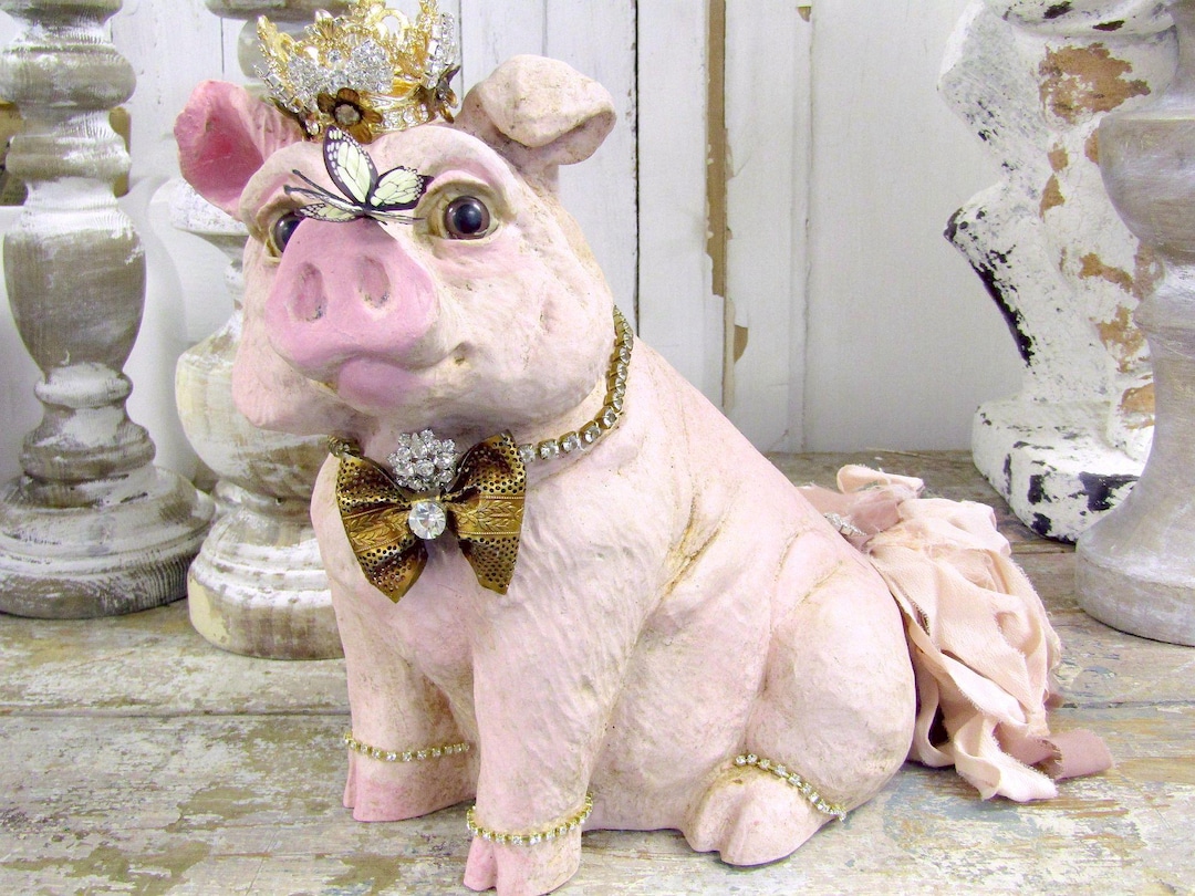 Vintage Pink Pig Statue Glass Eyes- Hand Painted Crown Piggy