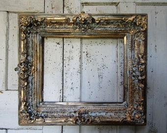 Large antique wood gesso picture frame for walls, painted distressed gold frame with an aged European appearance anita spero design