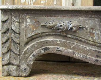 Large gray distressed cornice shelf with a Ram and rose appliques, French farmhouse weathered aged ornate shelving anita spero design
