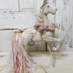 Large white horse statue shabby cottage chic wood sculpture pink tattered tail crown embellishments French antique decor anita spero design image 3